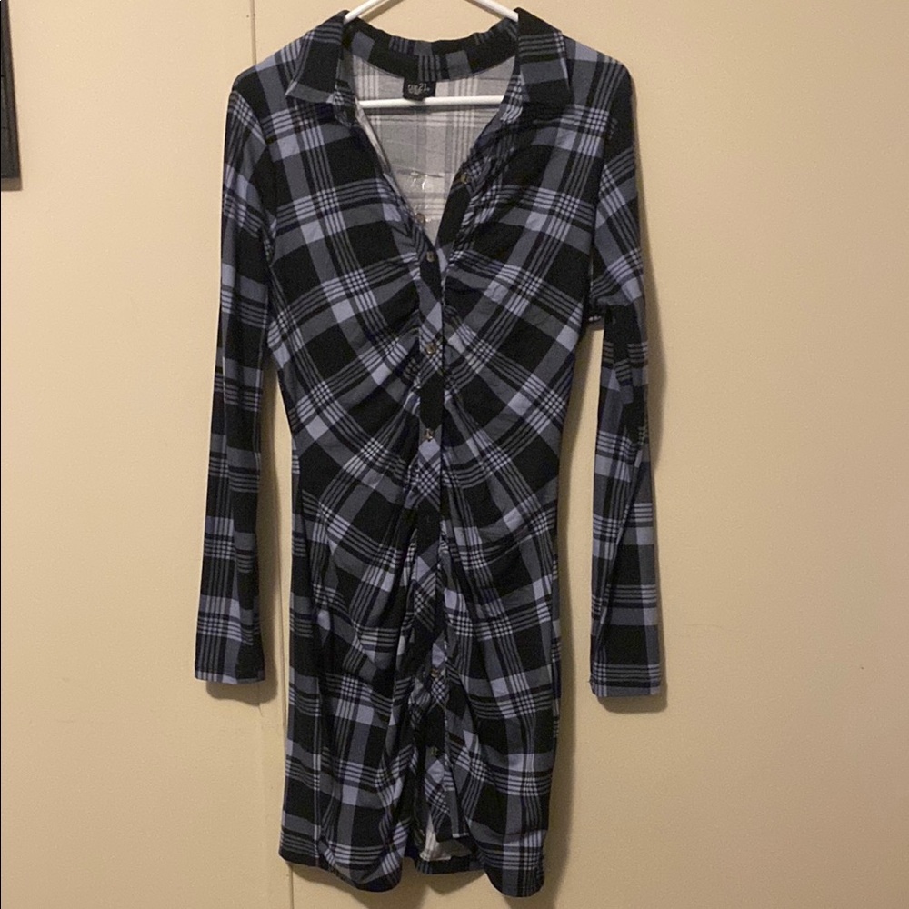 Rue 21 Plaid Long Sleeve Ruched Shirt Dress